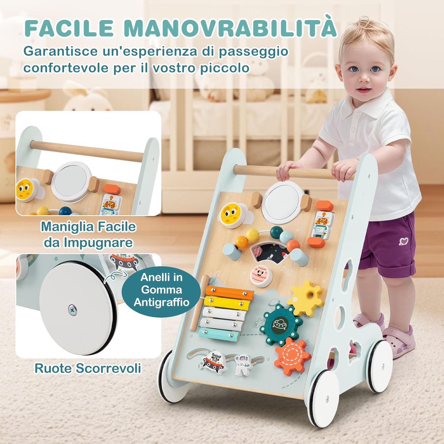 Carrellino Primi Passi 8 in 1, Girello in Legno per Bambini, Giocattolo Montessori, Centro Attività di Apprendimento a Spinta, Giocattolo a Spinta per Bambini di 1+ Anni (Verde)