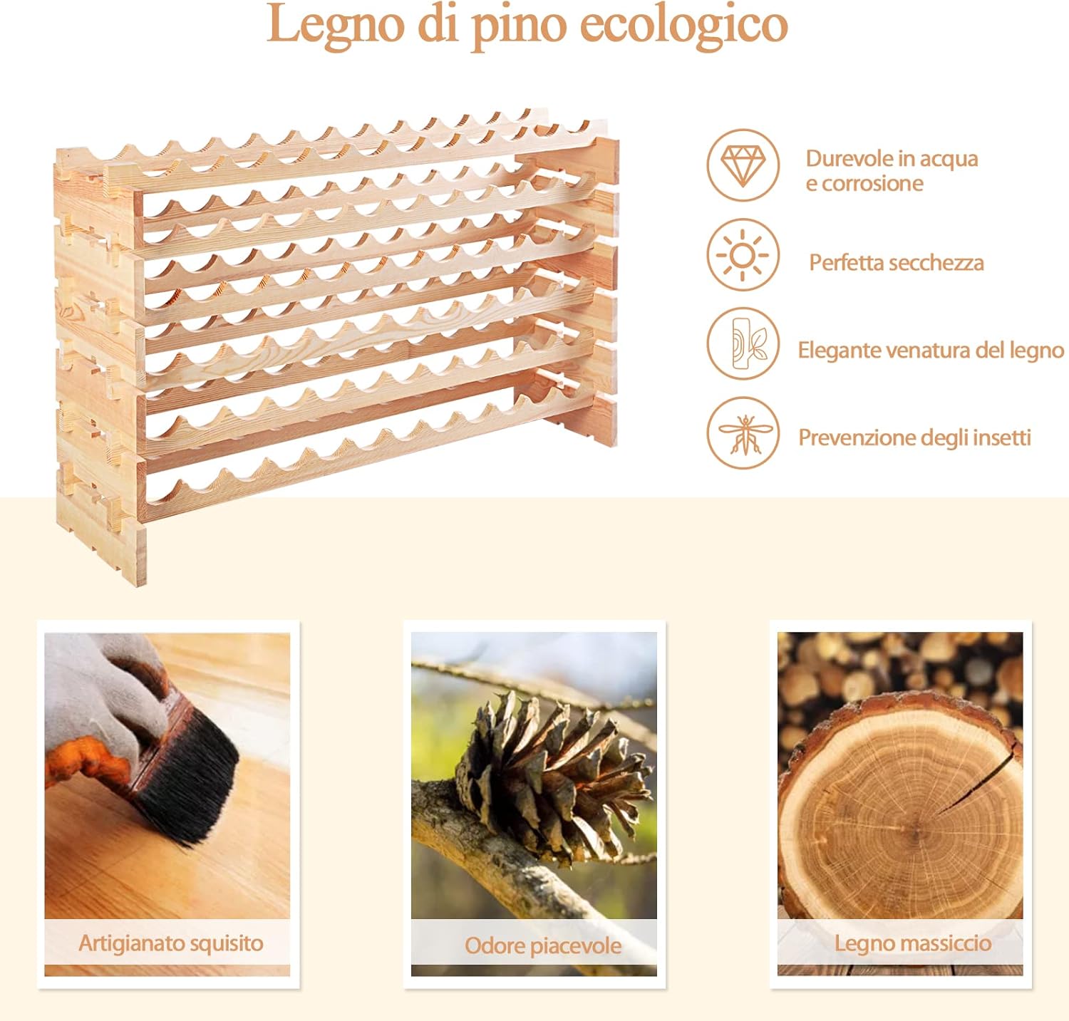 Portabottiglie per Vino in Legno, Scaffale per 72 Bottiglie di Vino, Cantinetta Porta Vino, Naturale (119 x 29 x 71,5 cm)