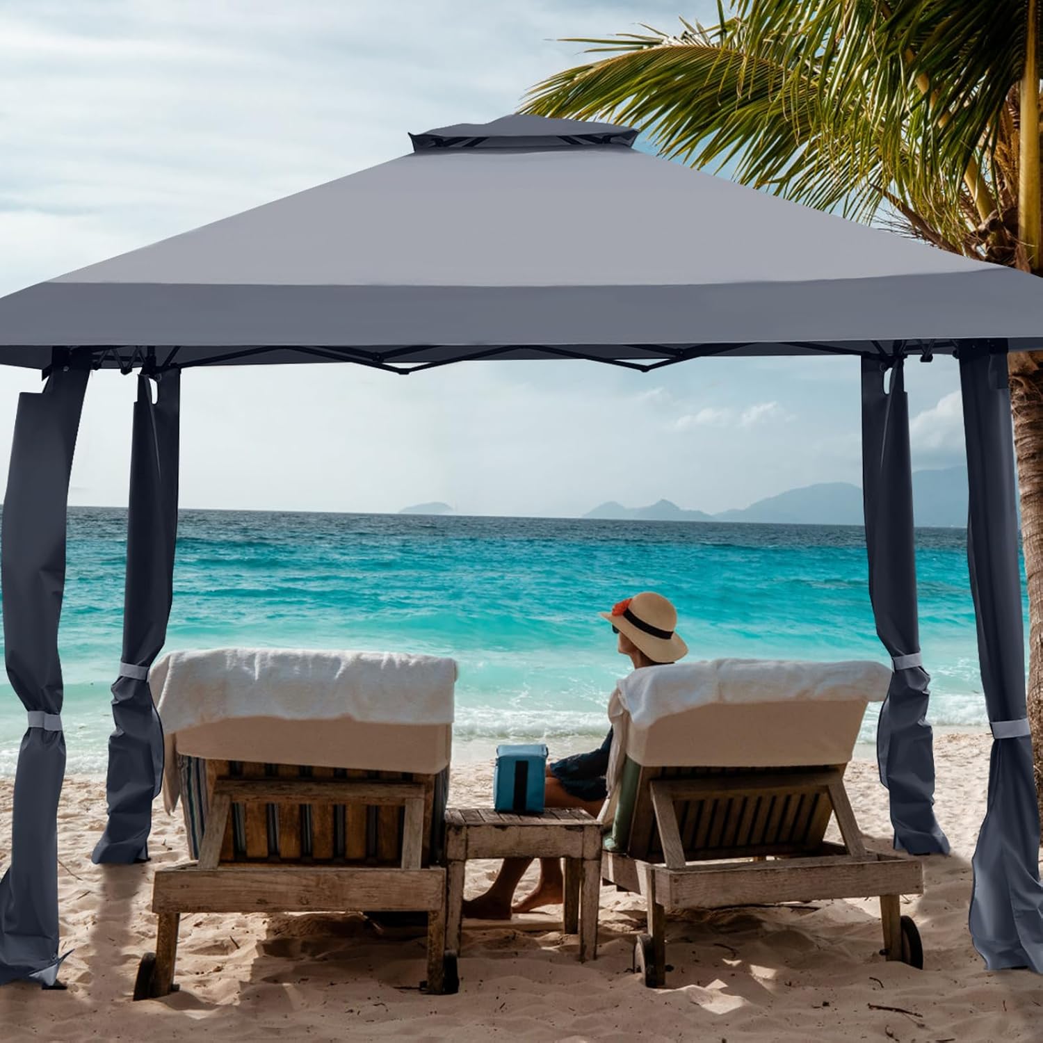 Gazebo da Giardino 3,95 x 3,95 M, Gazebo da Esterno con Tetto a 2 Livelli e 3 Altezze Regolabili, con Borsa,Tessuto Oxford, Ideale per Feste, Barbecue, Giardino, Spiaggia (Grigio)