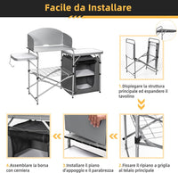 Tavolo da Campeggio all'Aperto con Portaoggetti, Borsa di Stoccaggio per il Trasporto, Tavolo da Griglia Pieghevole e Portatile per Feste BBQ, Campeggio, Grigio