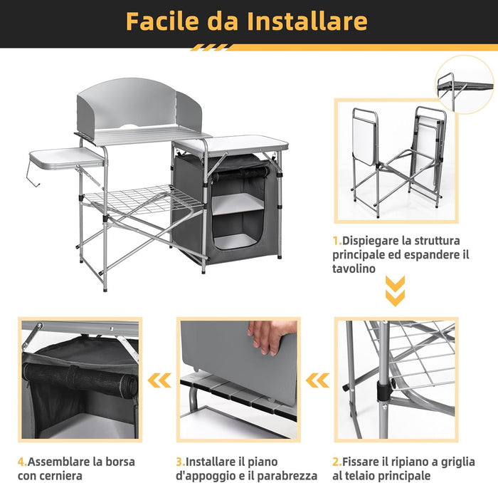 Tavolo da Campeggio all'Aperto con Portaoggetti, Borsa di Stoccaggio per il Trasporto, Tavolo da Griglia Pieghevole e Portatile per Feste BBQ, Campeggio, Grigio
