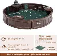 Sabbiera per Bambini con Rotondo Coperchio Impermeabile, Ideale per Giardino, Cortile e Spiaggia,120 x 120 x 21 cm, Marrone