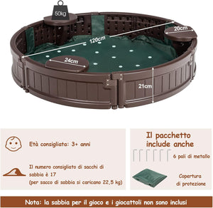 Sabbiera per Bambini con Rotondo Coperchio Impermeabile, Ideale per Giardino, Cortile e Spiaggia,120 x 120 x 21 cm, Marrone