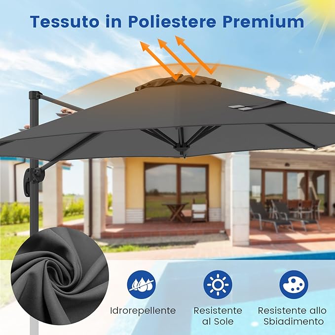 Ombrellone da Esterno 294 cm, Ombrellone con Rotazione a 360°, 5 Angoli di Inclinazione Regolabili, Base a Forma di Croce, 8 Stecche, Ombrellone per Giardino, Piscina, Cortile