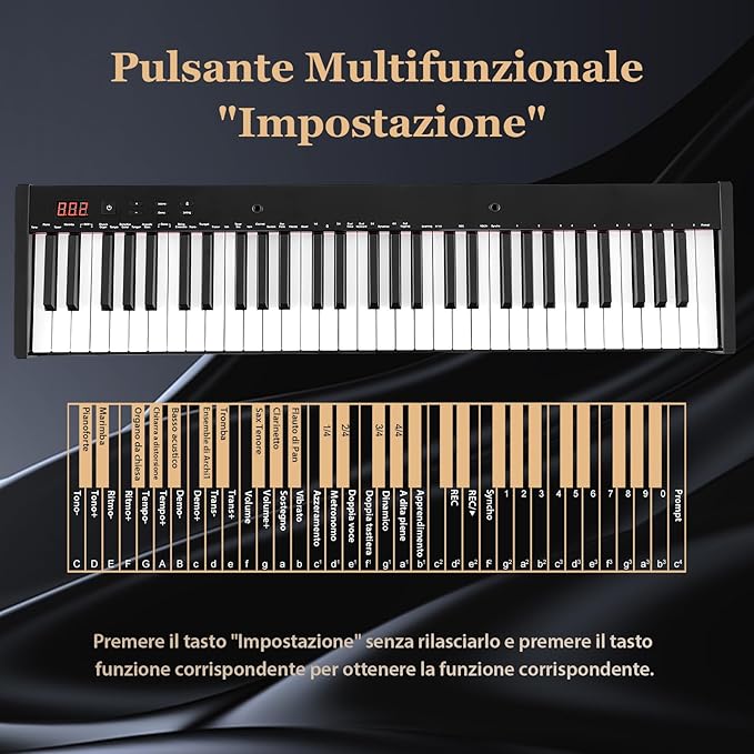 Tastiera Musicale 61 Tasti, Set Pianoforte Elettronico Portatile con Sgabello, Pianoforte Digitale Portatile con Supporto, Pedale Sustain, MIDI, USB e Funzione di APP Bluetooth