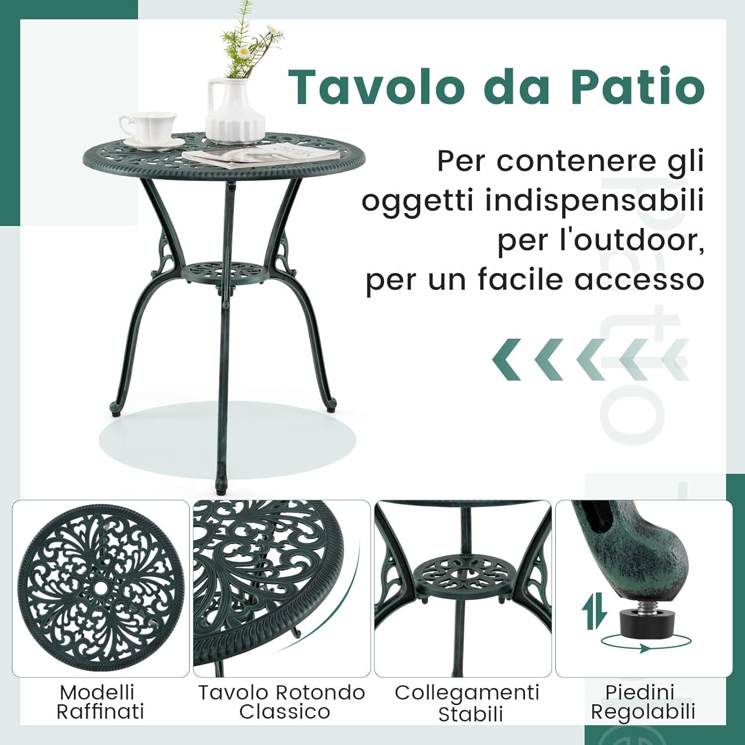 Set da Bistro da Patio a 3 Pezzi, Sedie e Tavolo in Alluminio con Foro per Ombrello, Set da Bistro da Esterno per Veranda, Giardino e Piscina (Verde)