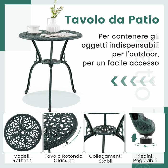Set da Bistro da Patio a 3 Pezzi, Sedie e Tavolo in Alluminio con Foro per Ombrello, Set da Bistro da Esterno per Veranda, Giardino e Piscina (Verde)