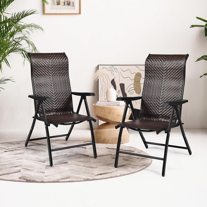 Set di 2 Sedie Pieghevoli in Rattan, Sedie Portatili in Vimini con Braccioli e Schienale Alto Regolabile, Ideale per Casa Cortile Giardino Balcone, Carico Massimo: 102 kg