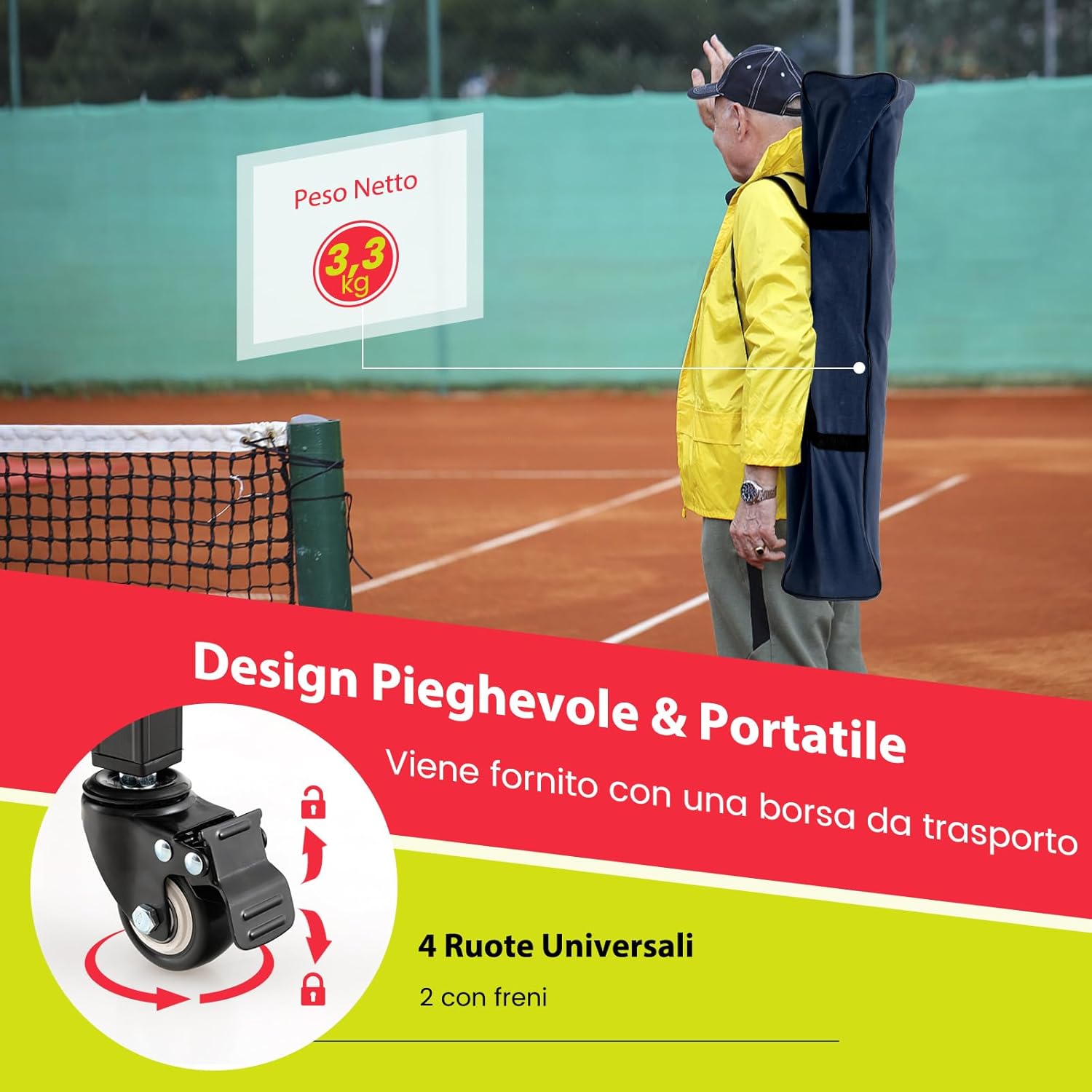 Carrello Porta Palline da Tennis, Carrello da Tennis Pieghevole in Alluminio con Ruote Frenate, Borsa Rimovibile Tasche Laterali, Borsa per Il Trasporto, Max 150 Palline Tennis