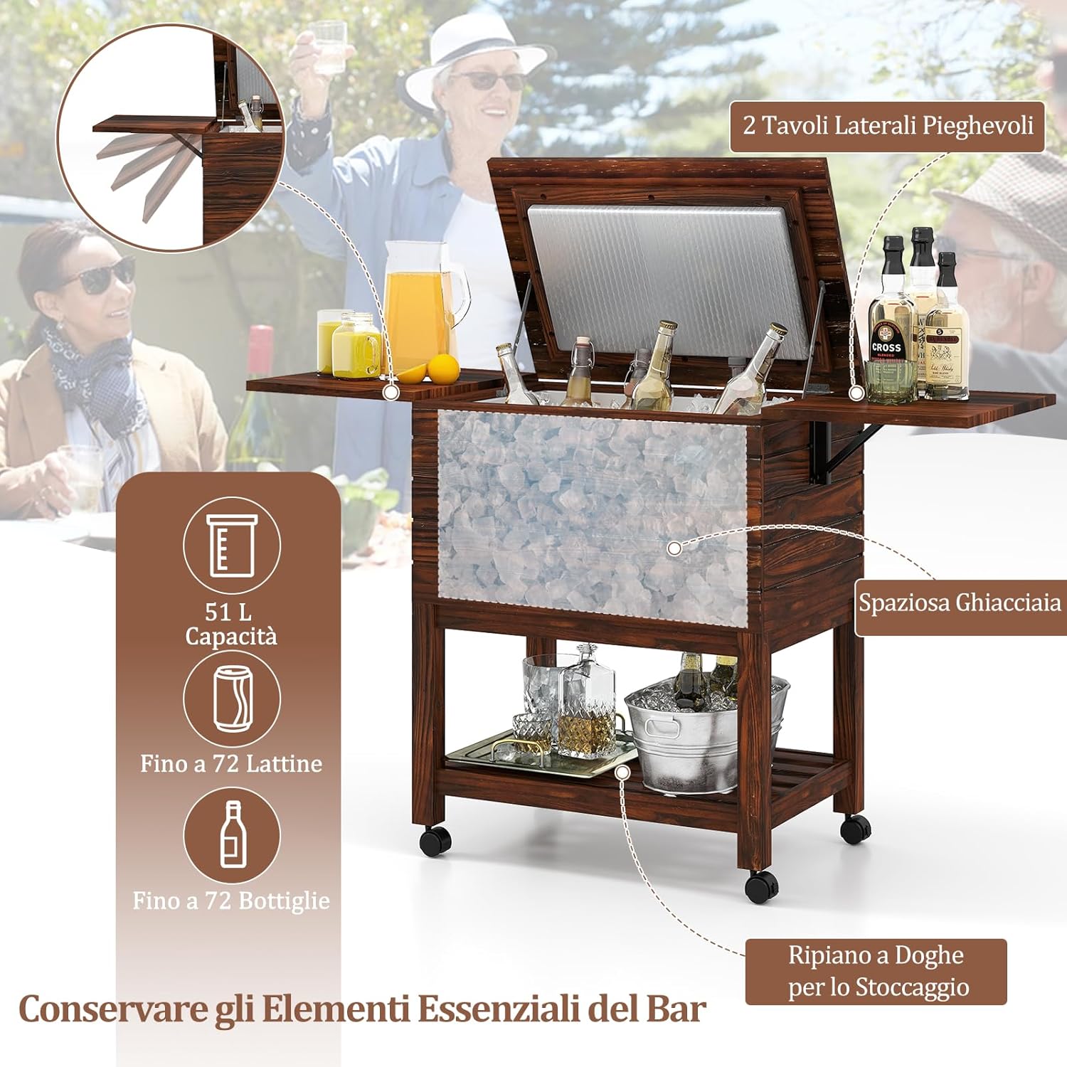 Carrello Porta Ghiaccio in Legno, Carrello Refrigerante per Bevande da 51 L con Ripiani, Ruote Universali Bloccabili e Apribottiglie, Frigorifero Portavivande per Feste, Piscina e Terrazza