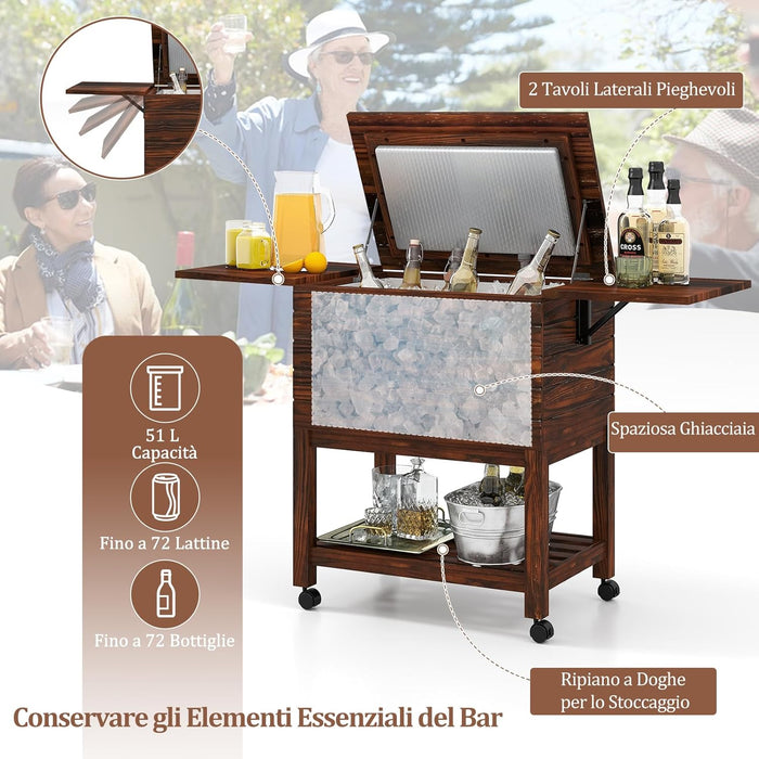 Carrello Porta Ghiaccio in Legno, Carrello Refrigerante per Bevande da 51 L con Ripiani, Ruote Universali Bloccabili e Apribottiglie, Frigorifero Portavivande per Feste, Piscina e Terrazza