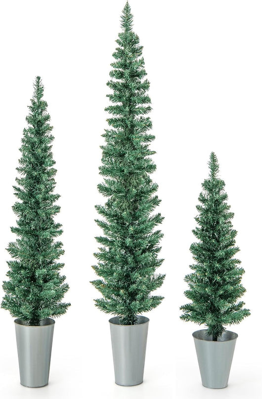 Set di 3 Alberi di Natale Artificiali da 90 CM + 120 CM + 150 CM, Alberi di Natale Slim con 120 + 140 + 160 Punte di Ramo e Basi in Metallo Riempite di Cemento, Decorazione Natalizia Interna