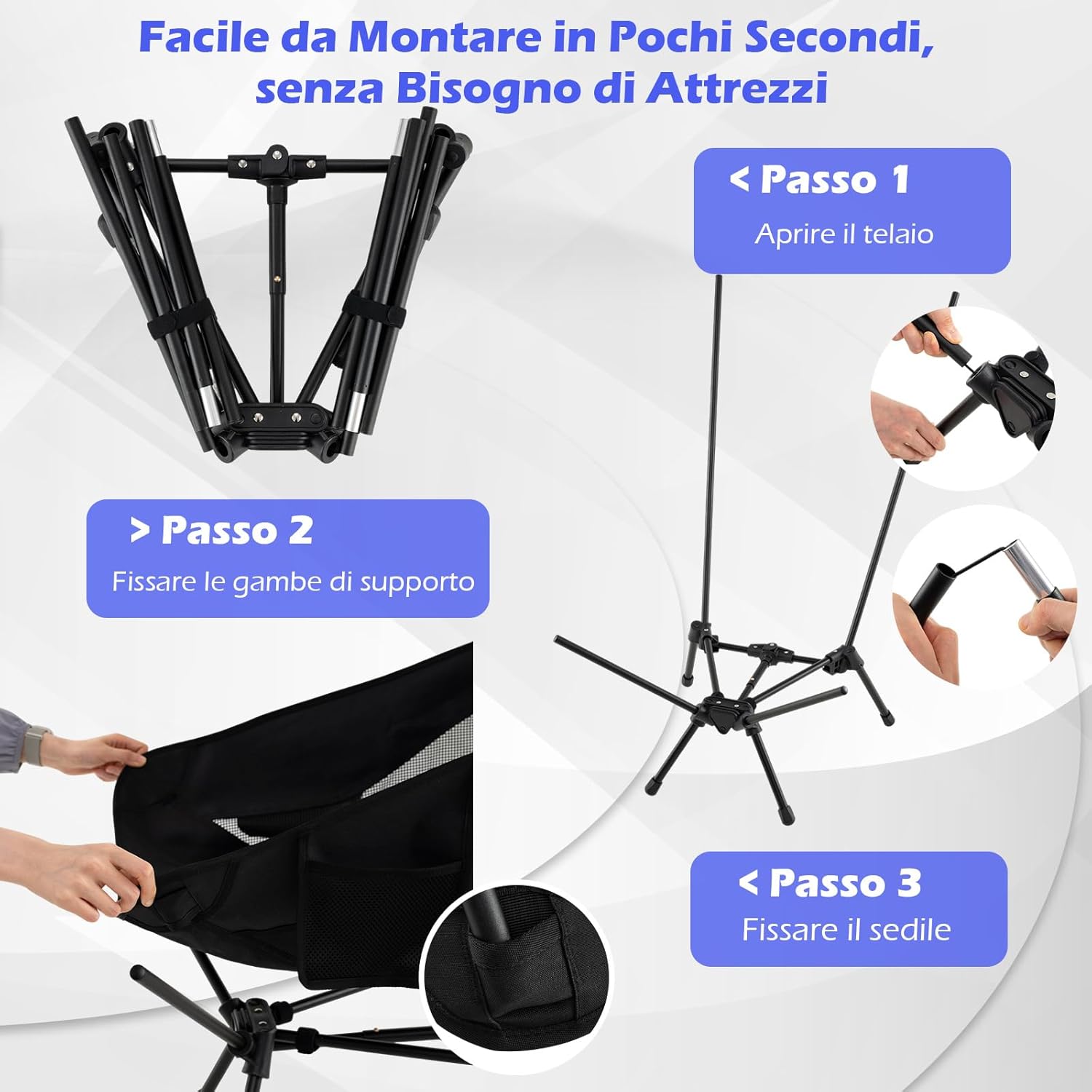 Sedia da Campeggio Portatile, Sedia Ergonomica Pieghevole da Zaino con Schienale Alto, Braccioli, Cusino e Borsa da Trasporto, Poltrona da Esterno per Spiaggia e Picnic, Portata 150 kg