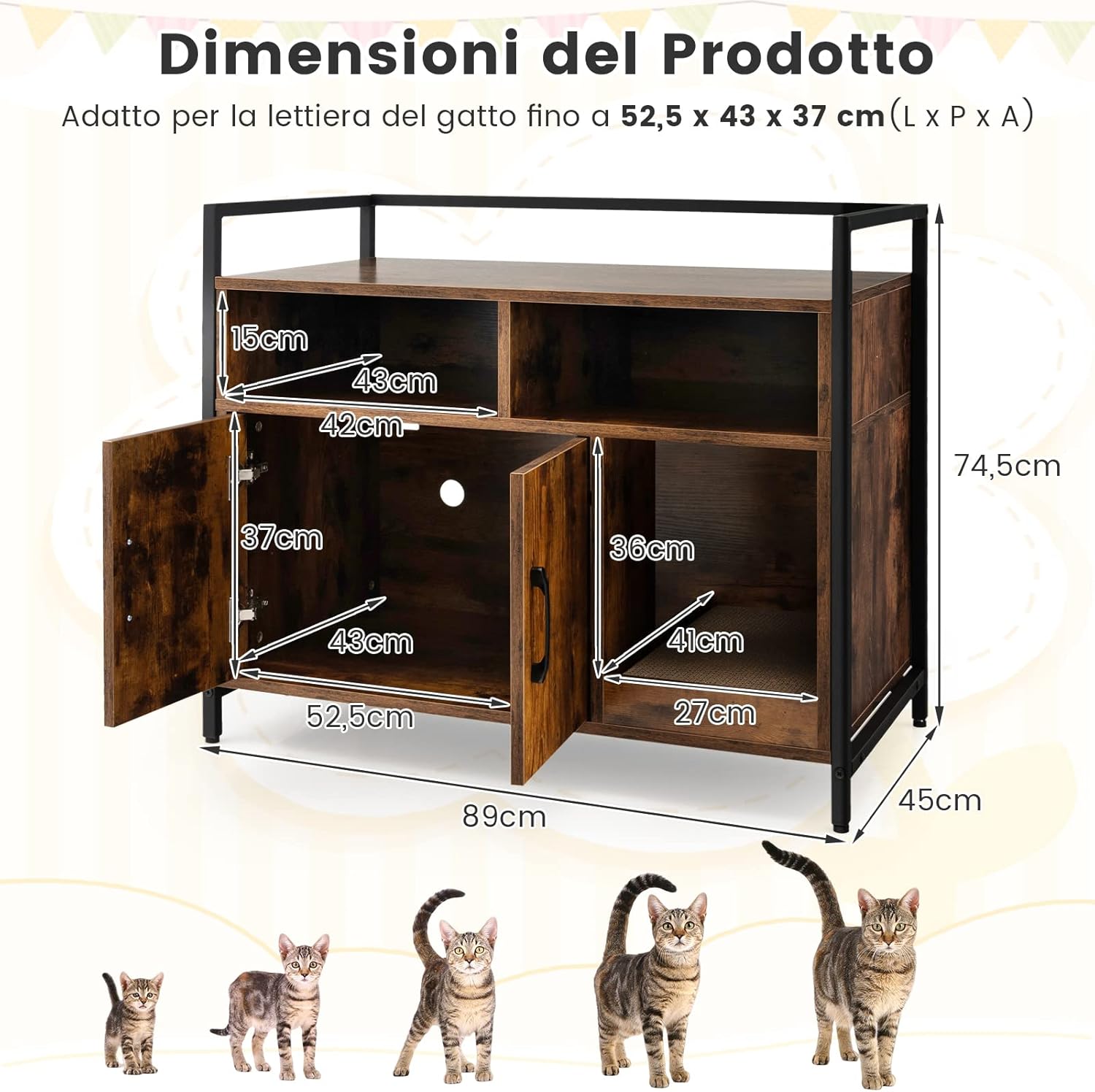 Mobile per Lettiera Gatti con Ripiani Aperti e Ripiani Chiusi con Maniglie, Mobiletto Multiuso per Ingresso e Soggiorno, 82,5 x 51 x 51 cm, Portata 50 kg (Marrone)