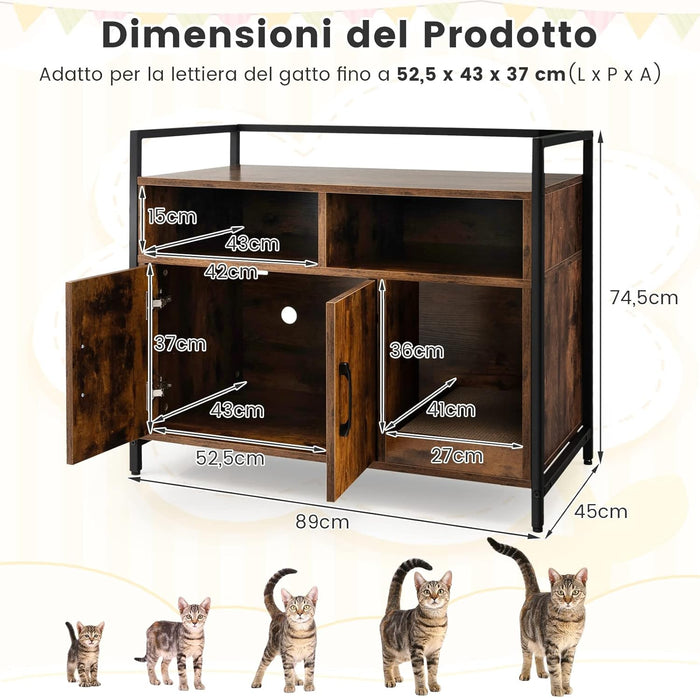 Mobile per Lettiera Gatti con Ripiani Aperti e Ripiani Chiusi con Maniglie, Mobiletto Multiuso per Ingresso e Soggiorno, 82,5 x 51 x 51 cm, Portata 50 kg (Marrone)