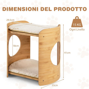 Letto Rialzato per Gatti, Cuccia per Gatti a 2 Livelli da Interno con Struttura in Bambù Naturale, Tappetini Morbidi Rimovibili e Lavabili, Lettino per Cuccioli e Gatti
