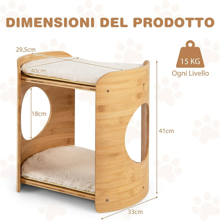 Letto Rialzato per Gatti, Cuccia per Gatti a 2 Livelli da Interno con Struttura in Bambù Naturale, Tappetini Morbidi Rimovibili e Lavabili, Lettino per Cuccioli e Gatti