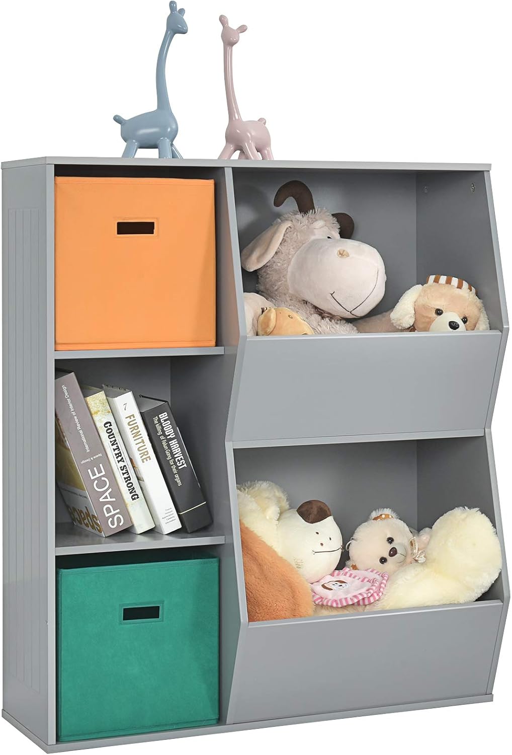 Armadietto Porta Giochi per Bambini, Organizer Giocattoli con 2 Cestini Extra, Libreria Multifunzionale per Libri Giocattoli Bambole, 76x28x94 cm, Grigio