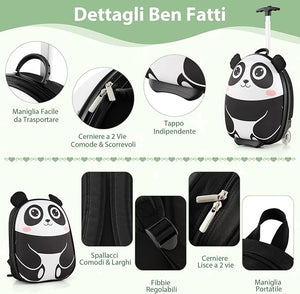 2 Pezzi Valigia per Bambini con Maniglia Retrattile + Zaino Bagaglio a Mano, con ruote girevoli a 360 ° (panda)