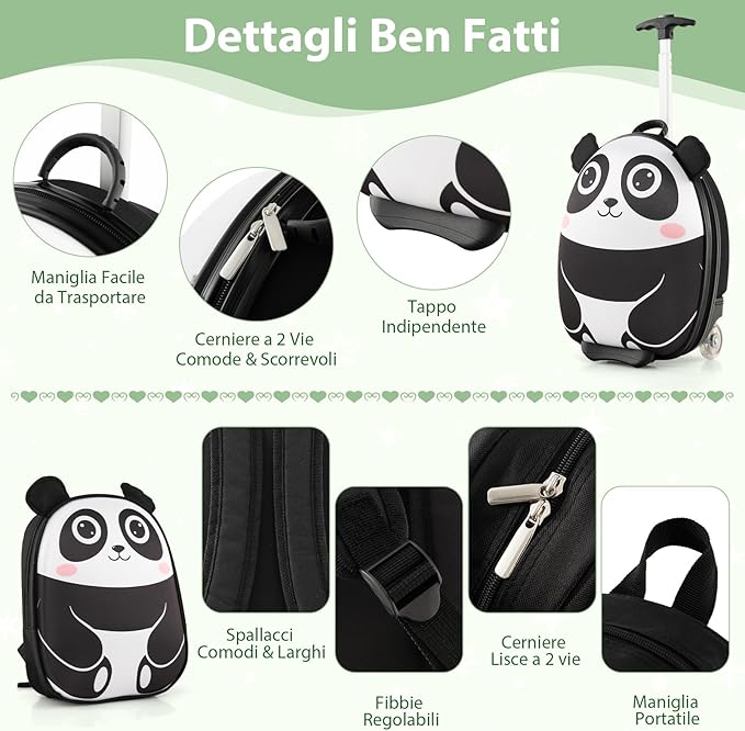 2 Pezzi Valigia per Bambini con Maniglia Retrattile + Zaino Bagaglio a Mano, con ruote girevoli a 360 ° (panda)