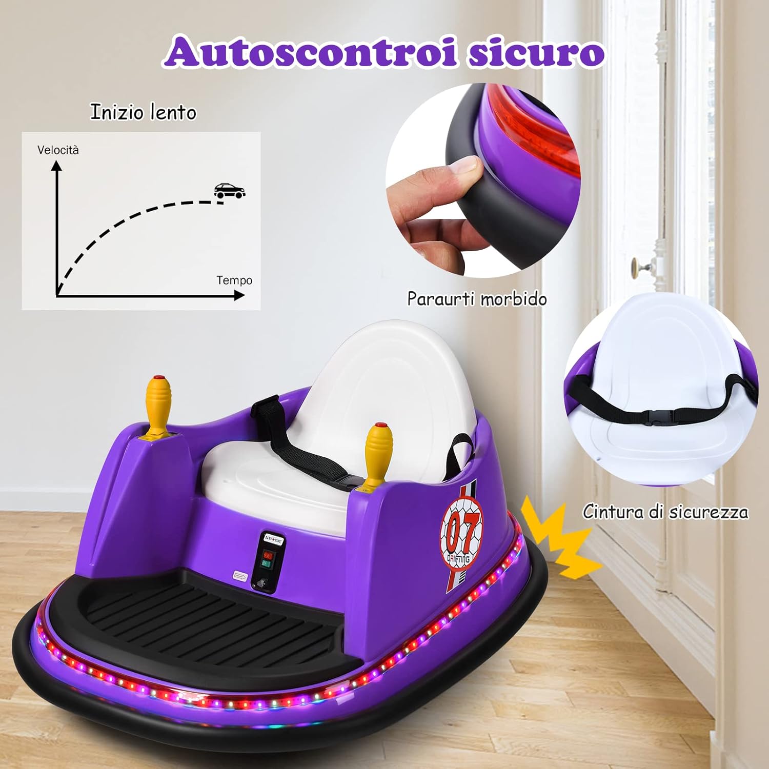 Veicolo Elettrico Macchina Elettrica Design Autoscontro per Bambini, Girevole a 360°, con Luci e Musica, con Telecomando, per Bambini 2-5 Anni (Viola)