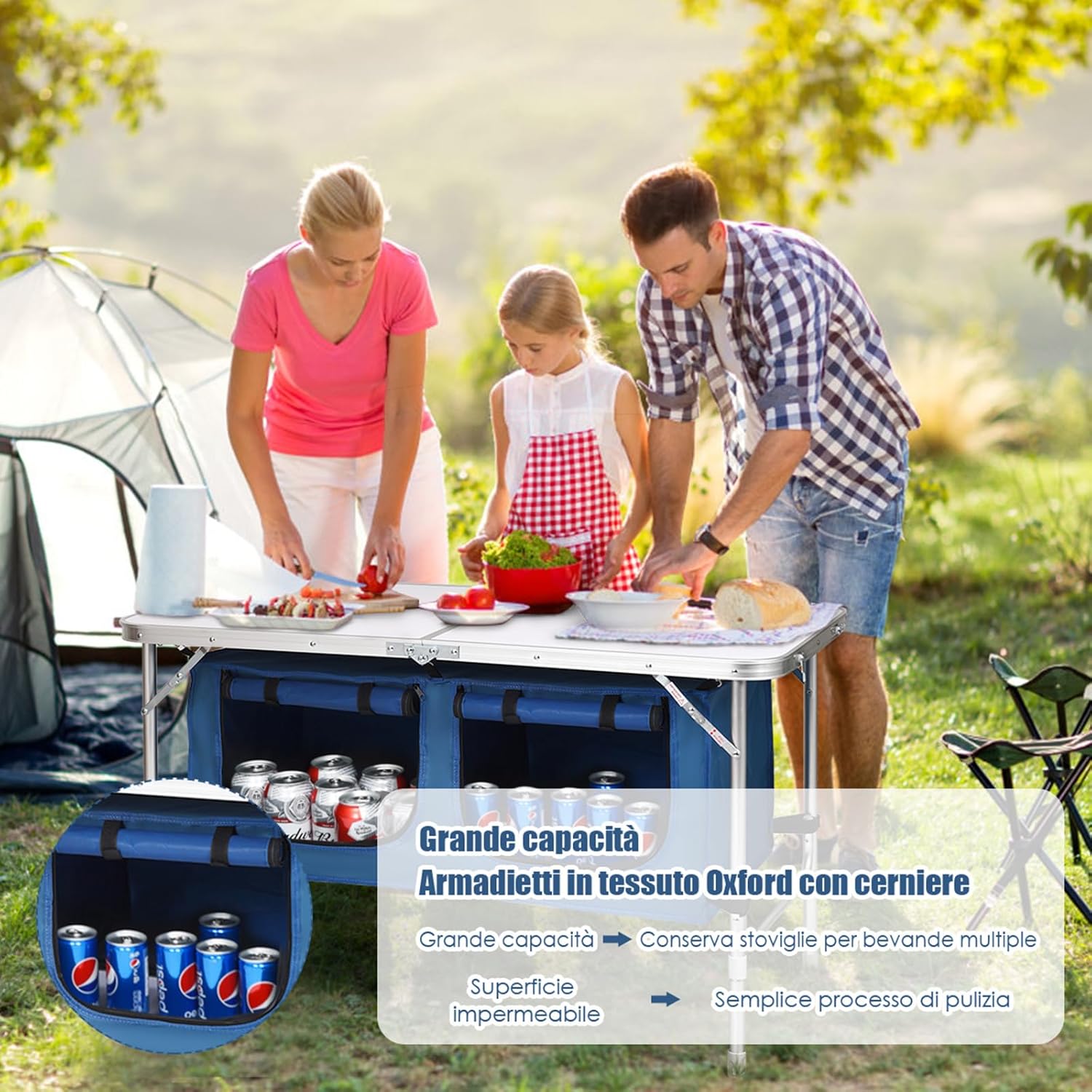 Tavolo da Campeggio Pieghevole Ultraleggero Portatile Compatto, con Scompartimenti, con Sacco di Scompartimento, per Interno e Esterno (Blu)