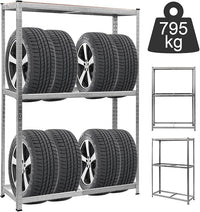 Scaffale Portagomme, Scaffale per Pneumatici in Acciaio 3 Ripiani, Scaffale per 8 Gomme da Officina Garage, 795kg, 120 x 40 x 180 cm