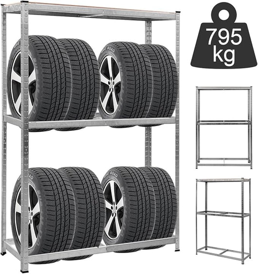 Scaffale Portagomme, Scaffale per Pneumatici in Acciaio 3 Ripiani, Scaffale per 8 Gomme da Officina Garage, 795kg, 120 x 40 x 180 cm