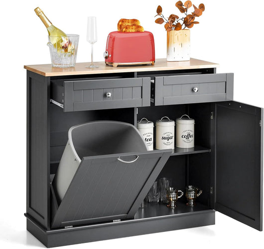 Credenza Cucina, Mobile per Pattumiera Ribaltabile con Piano in Legno di Gomma 2 Cassetti e Ripiano Regolabile, 100x35,5x90 cm (Grigio)