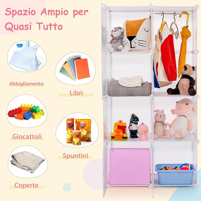 Armadio Portatile per Bambini, Organizzatore Modulari per Bambini a 8 cubi con Ante e Sezione Appendiabiti, Guardaroba Portatile per Sala Giochi Camera da Letto Asilo, 71x35,5x142 cm (Bianco)