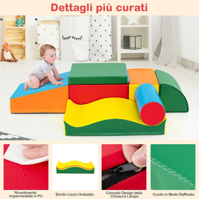 Set 7 Blocchi in Schiuma per Bambini, Set Gioco da Arrampicata con Rivestimento Rimovibile in Pelle Artificiale, Blocchi di Costruzione Morbidi per Bambini da Interno, Multi-Colore