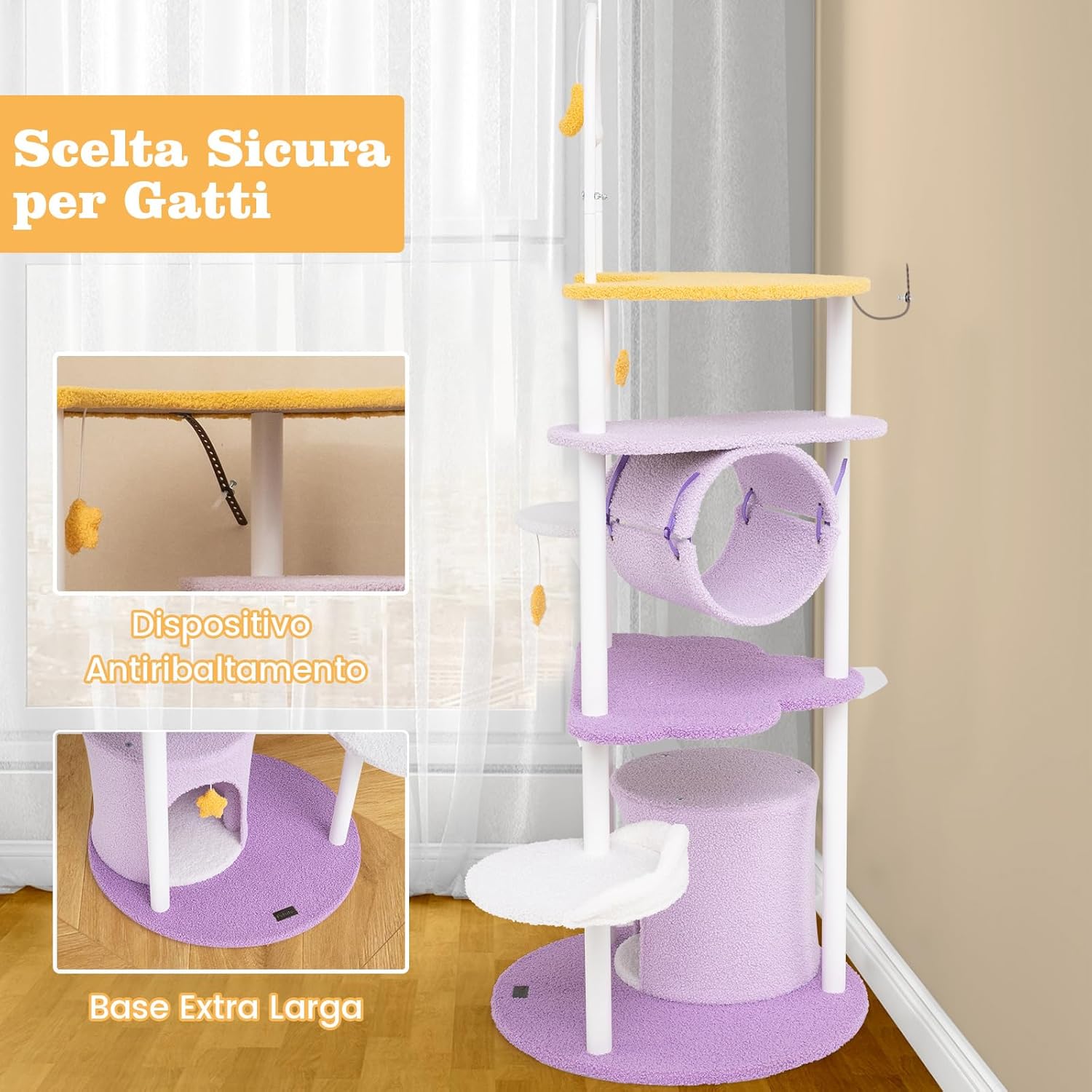 Tiragraffi per Gatti 158cm, Albero per Gatti con Multi Livelli, Struttura in Metallo, Trespolo Superiore e Piattaforme per Salti, Torre per Animali Interno, Viola, Bianco e Giallo