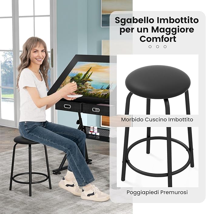 Tavolo da Disegno Scrivania per Arte con Cassetti e Sgabello, Regolabile in Altezza ed inclinabile (nero)