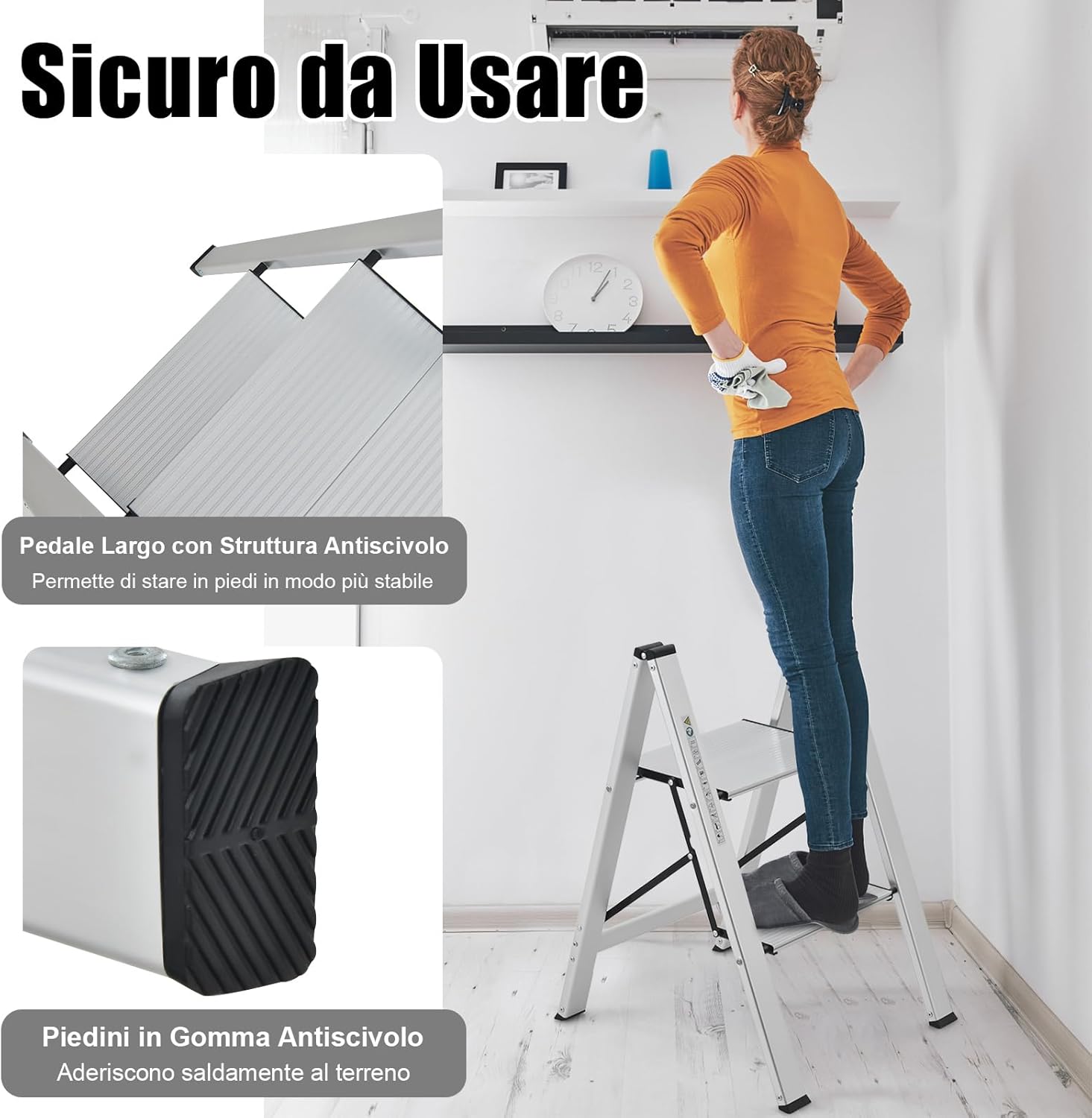 Scala Pieghevole in Alluminio a 2 Gradini, Scaletta Salvaspazio con Fibbia di Sicurezza, Ampi Pedali e Piedini Antiscivolo, Telaio in Alluminio Robusto e Leggero, Portata 150kg