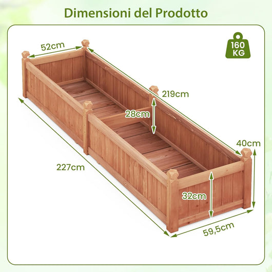 Letto da Esterno Rialzato in Legno, Fioriera Rettangolo con Divisorio, Sistema di Drenaggio, Fodera in Tessuto non Tessuto, Orto Rialzato per Giardino e Cortile, 227 x 59,5 x 40 cm (Marrone)