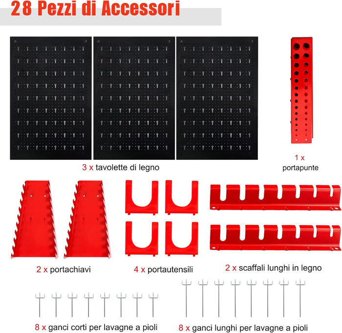 Pannello Forato Portautensili Parete per Attrezzi, Kit per Conservazione degli Attrezzi con 3 Pannelli Forati 25 Accessori, Ideale per Officina e Garage,120 x 60 x 2,5 cm