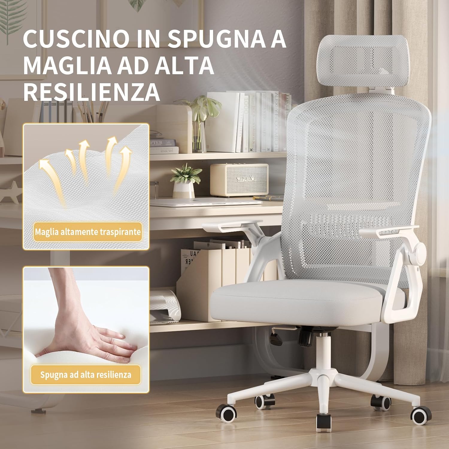 Sedia ufficio con rotelle - RATTANTREE - braccioli regolabili - Funzione Oscillante - Grigio