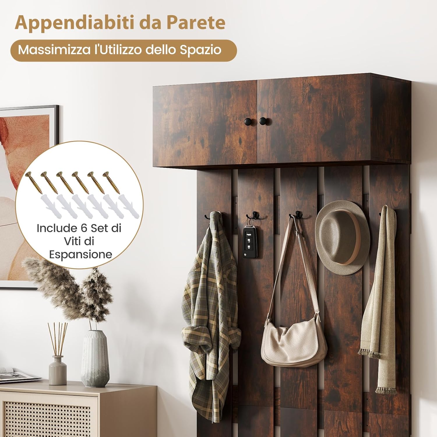 Appendiabiti da Parete per Ingresso, Attaccapanni in Legno con 5 Ganci Doppi e Armadietto a 2 Ante, Mensola Salvaspazio per Camera da Letto, Soggiorno e Cucina, 90 x 33 x 210 cm (Marrone)