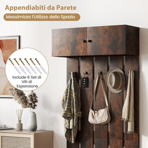 Appendiabiti da Parete per Ingresso, Attaccapanni in Legno con 5 Ganci Doppi e Armadietto a 2 Ante, Mensola Salvaspazio per Camera da Letto, Soggiorno e Cucina, 90 x 33 x 210 cm (Marrone)