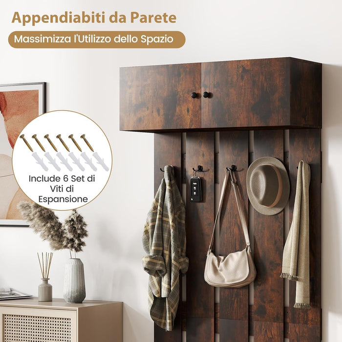 Appendiabiti da Parete per Ingresso, Attaccapanni in Legno con 5 Ganci Doppi e Armadietto a 2 Ante, Mensola Salvaspazio per Camera da Letto, Soggiorno e Cucina, 90 x 33 x 210 cm (Marrone)