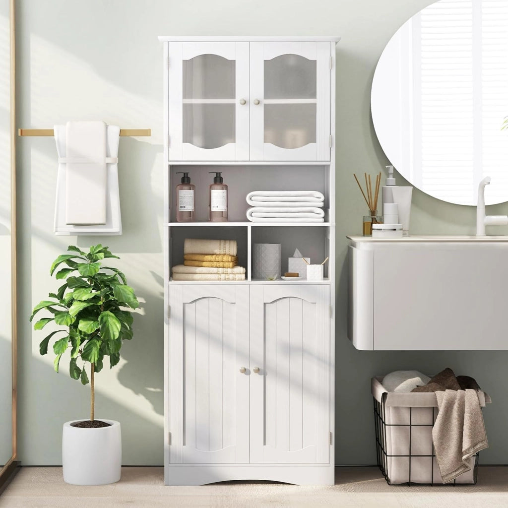 Armadietto Salvaspazio 60 x 30 x 148,5cm, Mobile Bagno con Scomparti Aperti, Scaffafli Regolabili e 2 Porte in Vetro Temprato, Armadio da Bagno per Ufficio, Soggiorno e Camera da Letto, Bianco