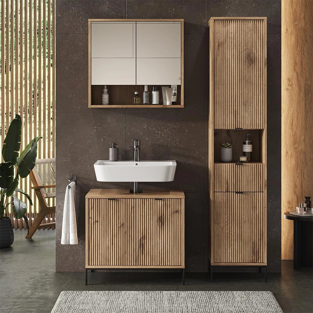 Set di mobili da bagno Eliza, Quercia vichinga, 70 cm, composto da mobile sottolavabo, specchiera e colonna alta