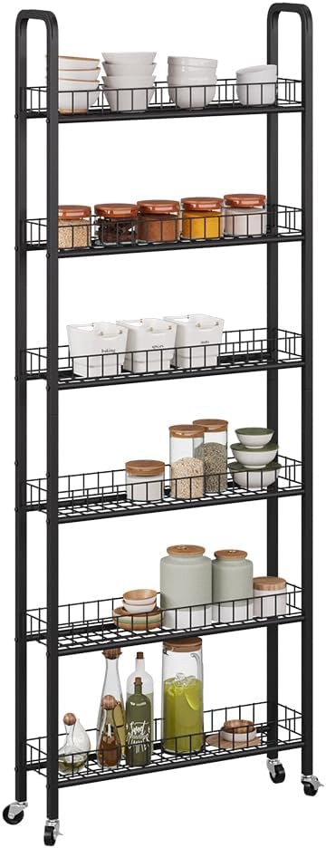 Piedistallo mobile Rolivo, Nero, 58 x 15 cm con 6 scomparti, posizionabile in modo flessibile su ruote per spazi stretti