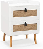 Comodino in Legno, Comodino Moderno con 2 Cassetti, con Gambe in Legno Massello, per Soggiorno, Camera da Letto, Bianco, 45 x 40 x 57 cm