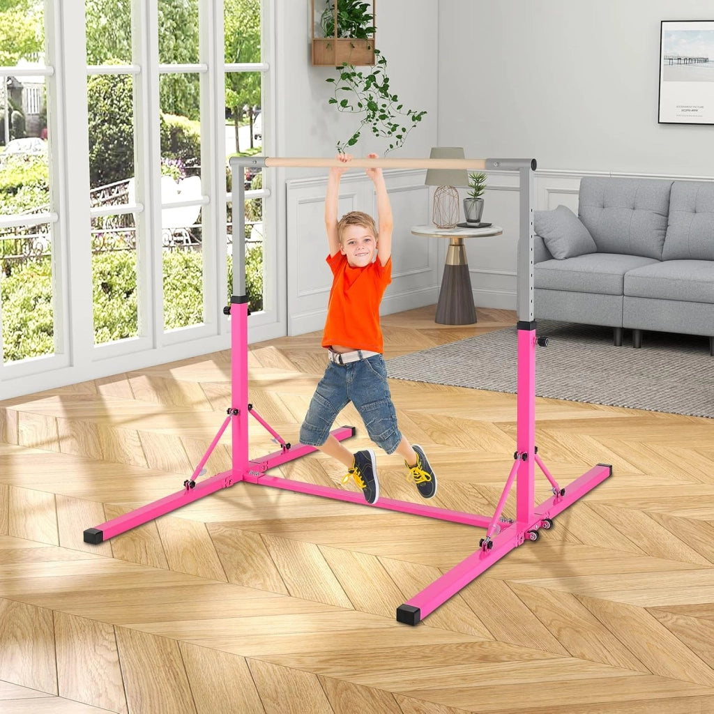 Barra per Ginnastica e Danza per Bambini e Bambine Pieghevole e Portatile, Sbarra Parallela in Metallo e Legno con 13 Altezze Regolabili, Ruote e Cuscinetti Antiscivolo, Portata 100 kg