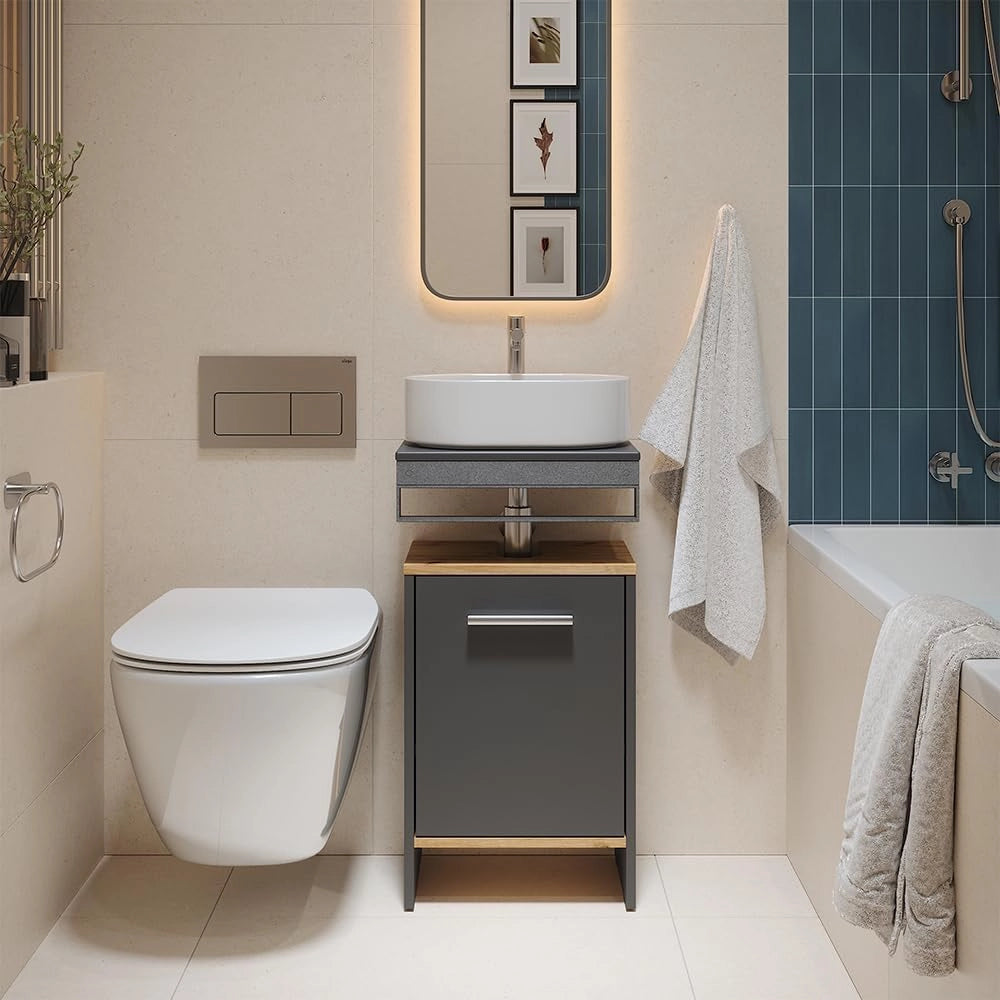Mobile sottolavabo per bagno Karli, Antracite/quercia dorata, 38.2 x 57 cm con la porta