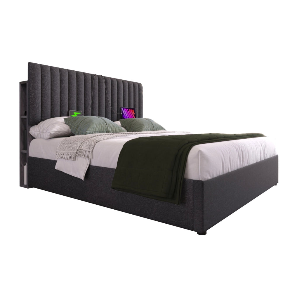 Letto matrimoniale imbottito 160x200 cm con contenitore; LED controllato da app; grigio in lino