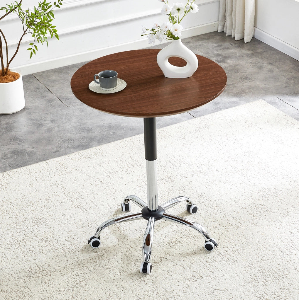 TAVOLO ROTONDO REGOLABILE 70 cm Noce MDF e Metallo con ruote