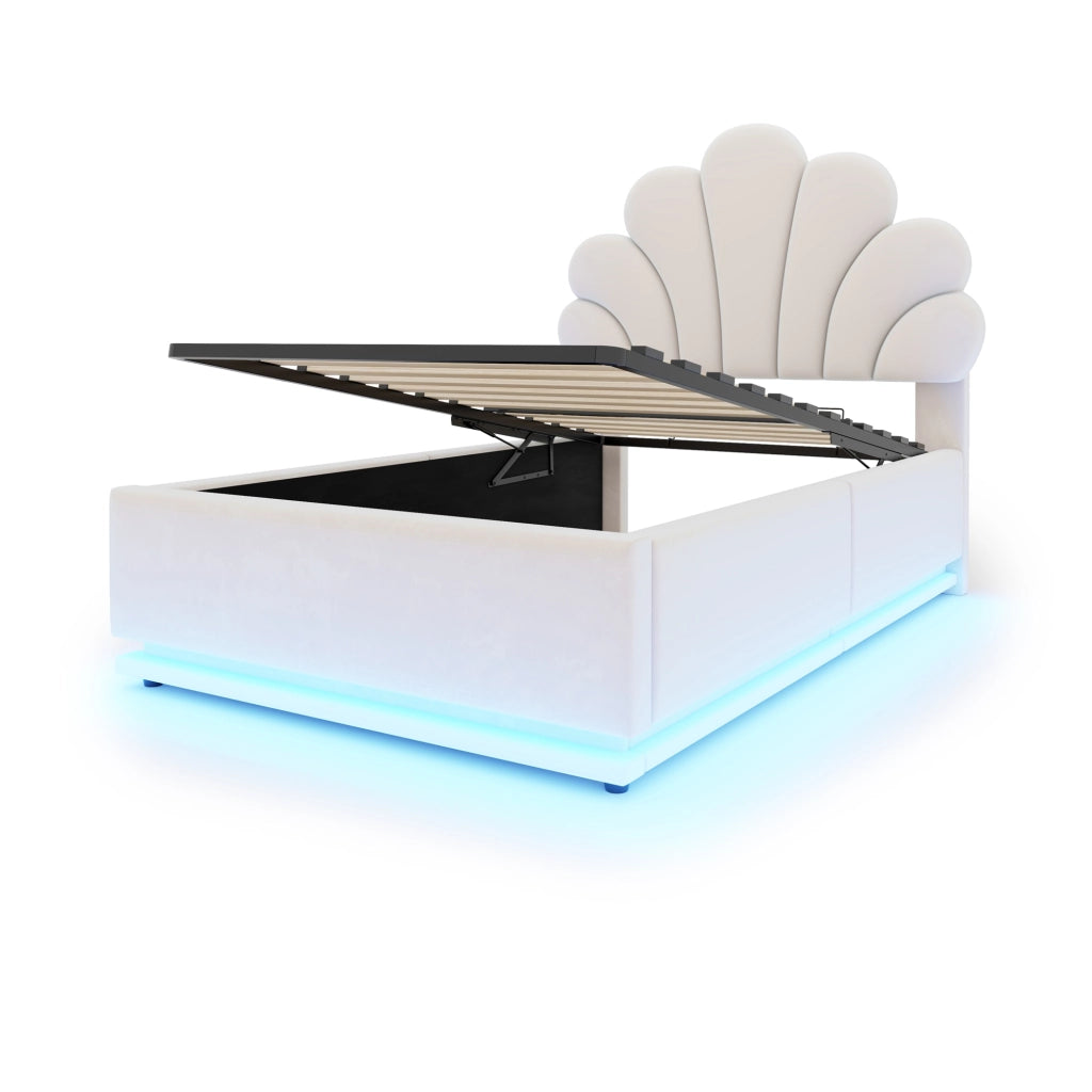 Letto imbottito 90x200 cm con contenitore idraulico e LED in velluto beige