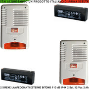 Sirena Con Lampeggiante a Led 12 Vcc 2 Pezzi Esterna Bitono Frequenza 1724 ± 2475 Hz 110 dB Tromba 15 W Assorb. 1,5 Ah 2 Batterie 12 V 2 Ah Selezionate Comando Allarme Caduta +/- Led Segnale di Stato